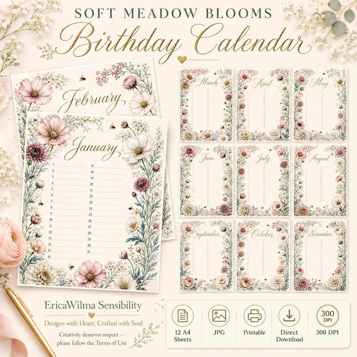 (image for) EW AI Birthday Calender Soft Meadow Blooms 2026